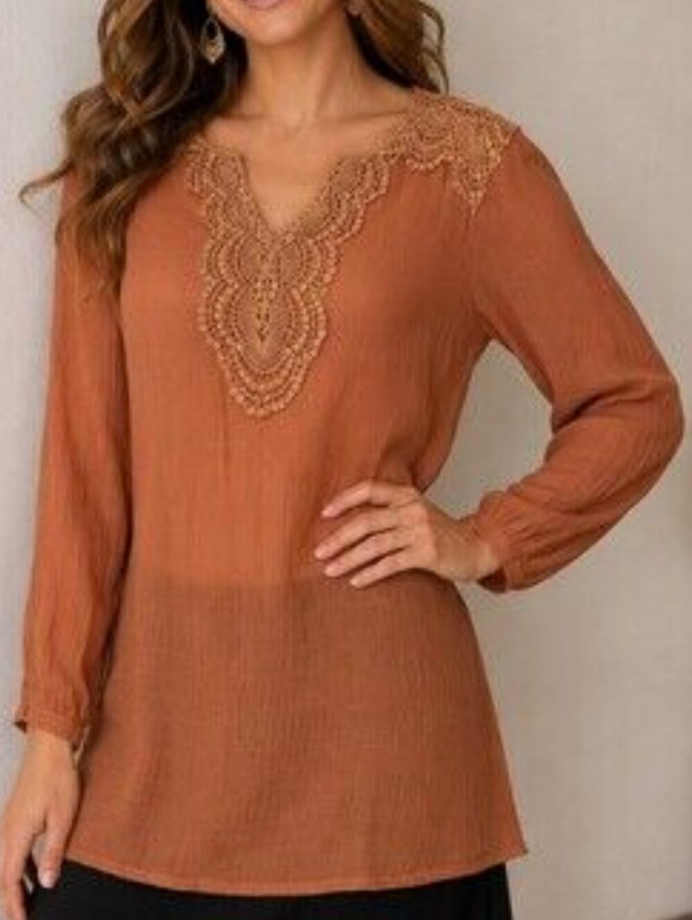 Indigo Soul Womens Rust Lace-Trim Long-Sleeve Blouse 3X